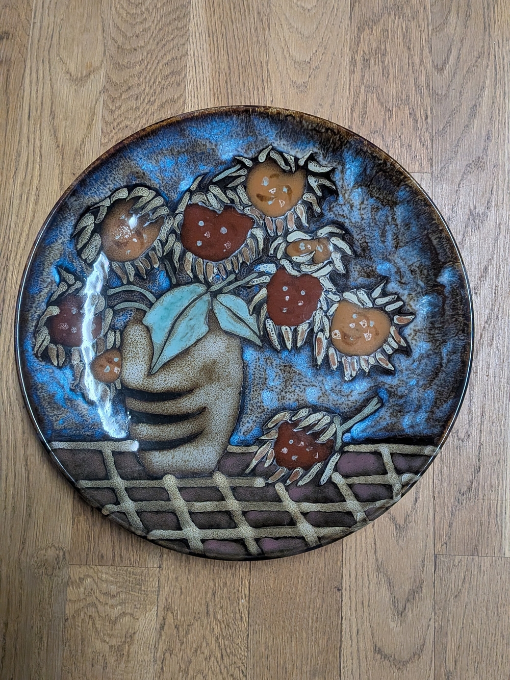 Decorative Sunflower Ceramic Wall Plate - Blue, Brown & Orange